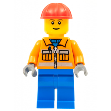 construction worker - orange zipper safety stripes orange arms blue legs red construction helmet
