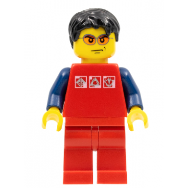 red shirt with 3 silver logos dark blue arms red legs