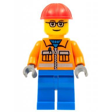 construction worker - orange zipper safety stripes orange arms blue legs red construction helmet brown eyebrows glasses