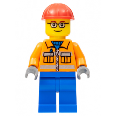 construction worker - orange zipper safety stripes orange arms blue legs red construction helmet red eyebrows glasses