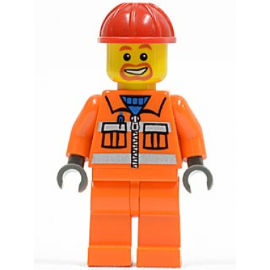 construction worker - orange zipper safety stripes orange arms orange legs red construction helmet beard around mouth