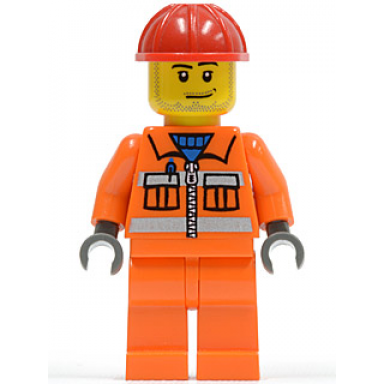 construction worker - orange zipper safety stripes orange arms orange legs red construction helmet smirk and stubble beard