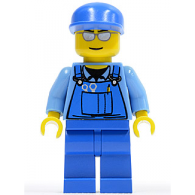 overalls with tools in pocket blue blue cap silver sunglasses