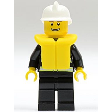 fire - reflective stripes black legs white fire helmet thin grin with teeth life jacket