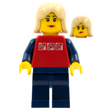 red shirt with 3 silver logos dark blue arms dark blue legs tan female hair