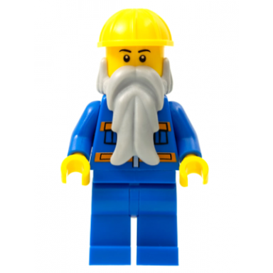 blue jacket with pockets and orange stripes blue legs beard yellow construction helmet black eyebrows