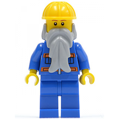 blue jacket with pockets and orange stripes blue legs beard yellow construction helmet reddish brown eyebrows