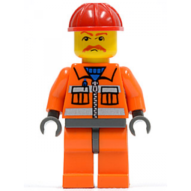 construction worker - orange zipper safety stripes orange arms orange legs dark bluish gray hips red construction helmet brown moustache