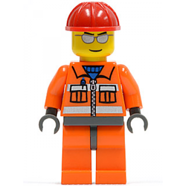 construction worker - orange zipper safety stripes orange arms orange legs dark bluish gray hips red construction helmet silver sunglasses