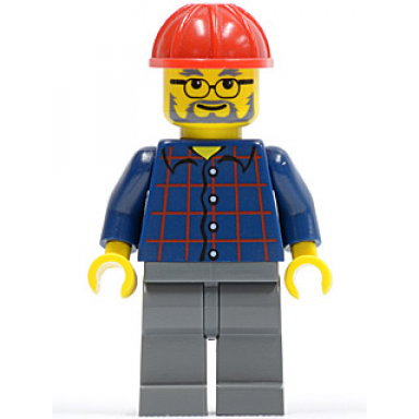 plaid button shirt dark bluish gray legs red construction helmet glasses gray beard