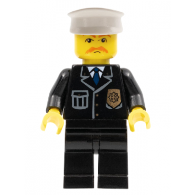 police - city suit with blue tie and badge black legs brown moustache white hat