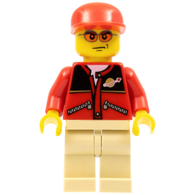 red jacket with zipper pockets and classic space logo tan legs red cap
