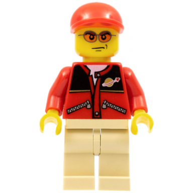 red jacket with zipper pockets and classic space logo tan legs red short bill cap