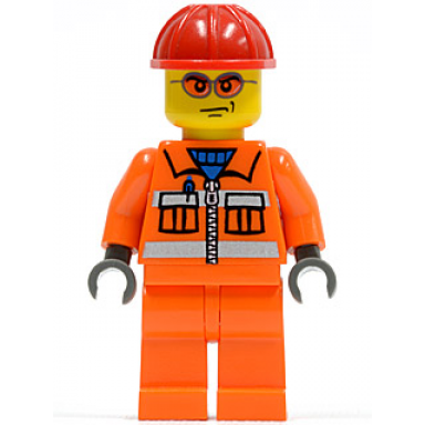 construction worker - orange zipper safety stripes orange arms orange legs red construction helmet orange glasse