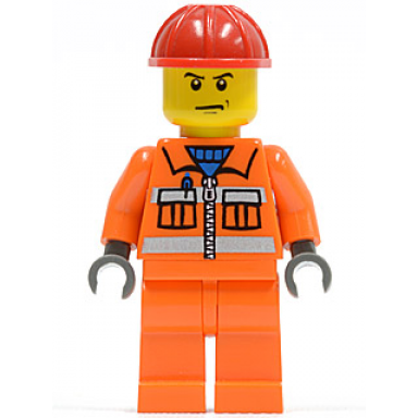 construction worker - orange zipper safety stripes orange arms orange legs red construction helmet scowl
