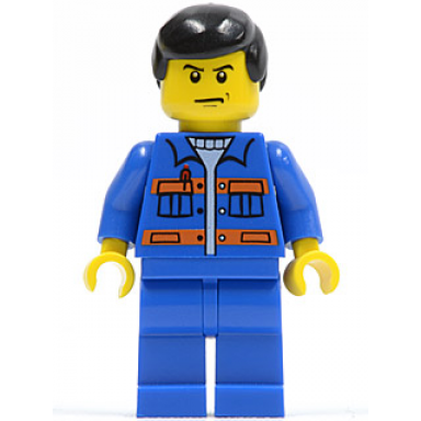 blue jacket with pockets and orange stripes blue legs black male hair