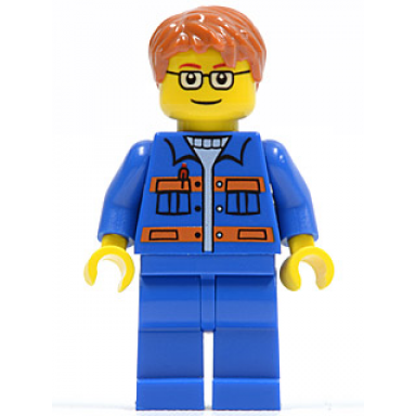 blue jacket with pockets and orange stripes blue legs dark orange short tousled hair brown eyebrows glasses