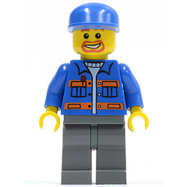 blue jacket with pockets and orange stripes dark bluish gray legs blue cap beard around mouth