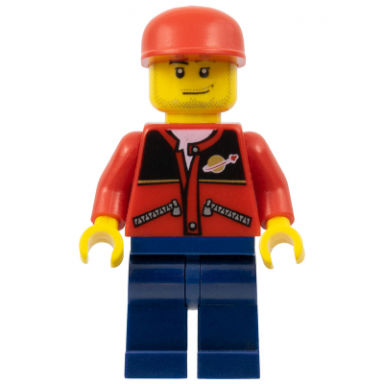 red jacket with zipper pockets and classic space logo dark blue legs red cap