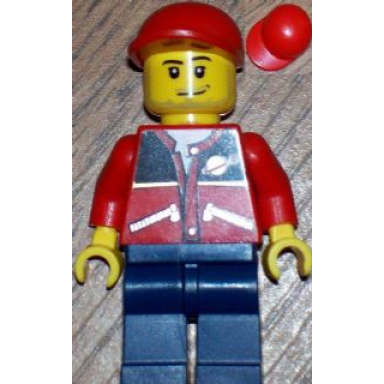 red jacket with zipper pockets and classic space logo dark blue legs red short bill cap