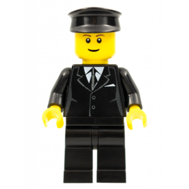 suit black black police hat brown eyebrows thin grin