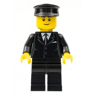 suit black black police hat black eyebrows thin grin