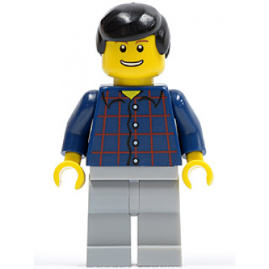 plaid button shirt light bluish gray legs black male hair thin grin with teeth