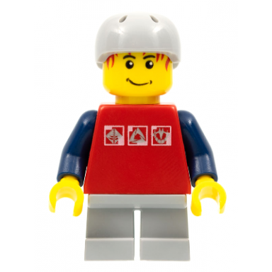 skateboarder red shirt with silver logos dark blue arms light bluish gray short legs male messy red hair