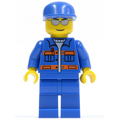 blue jacket with pockets and orange stripes blue legs blue cap silver sunglasses eyebrows and thin grin