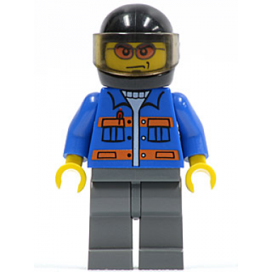 blue jacket with pockets and orange stripes dark bluish gray legs black helmet orange sunglasses