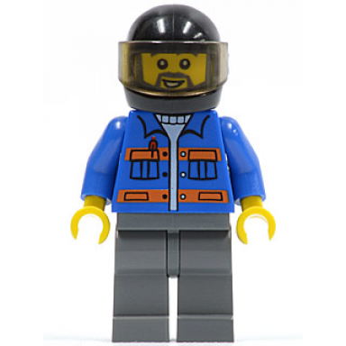 blue jacket with pockets and orange stripes dark bluish gray legs black helmet gray beard