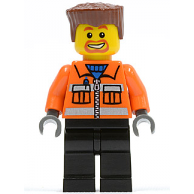 construction worker - orange zipper safety stripes orange arms black legs reddish brown flat top hair beard around mouth