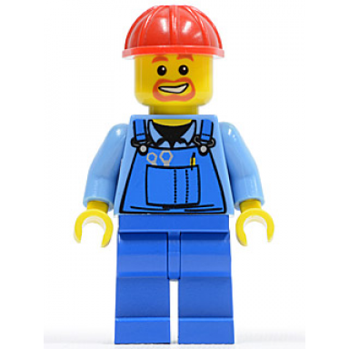 overalls with tools in pocket blue red construction helmet beard around mouth
