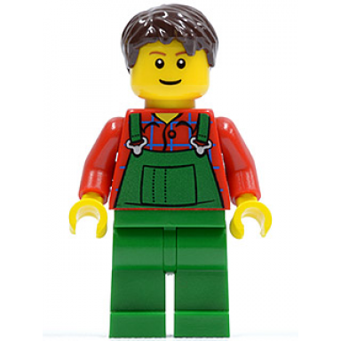 overalls farmer green dark brown short tousled hair