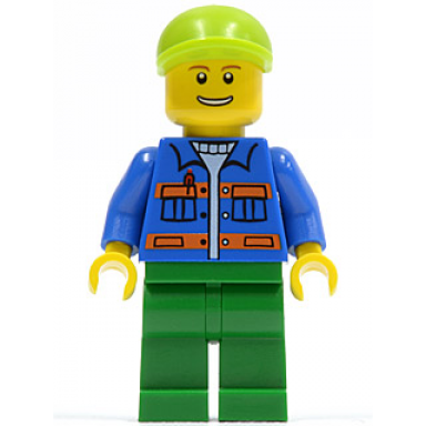 blue jacket with pockets and orange stripes green legs lime short bill cap