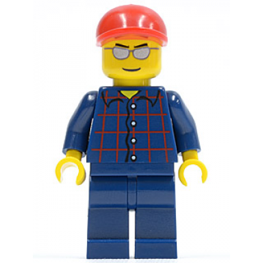 plaid button shirt dark blue legs red short bill cap silver sunglasses