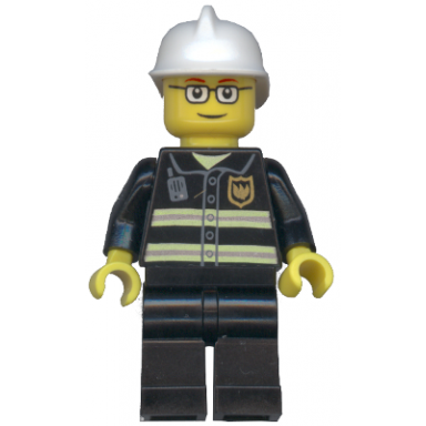 fire - reflective stripes black legs white fire helmet glasses and red thin eyebrows