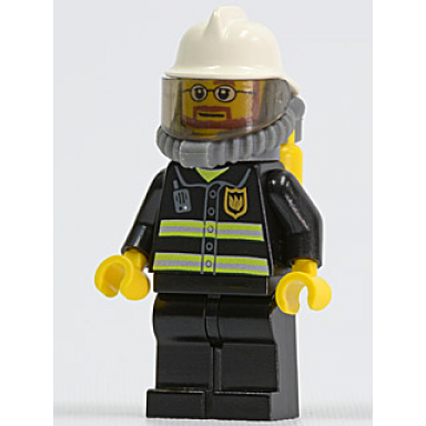 fire - reflective stripes black legs white fire helmet breathing neck gear with air tanks yellow hands beard and glasses