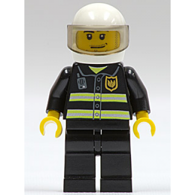 fire - reflective stripes black legs white standard helmet trans-brown visor stubble beard and moustache smirk and stubble beard