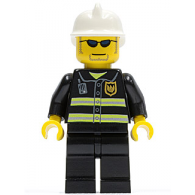 fire - reflective stripes black legs white fire helmet dark blue sunglasses and stubble
