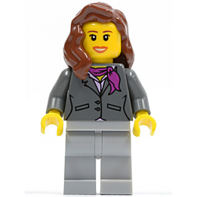 dark bluish gray jacket with magenta scarf light bluish gray legs reddish brown female hair over shoulder peach lips