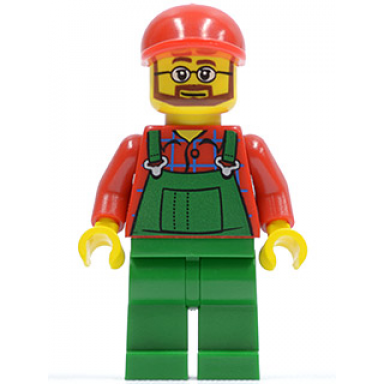 overalls farmer green red short bill cap beard and glasses