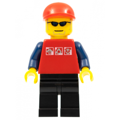 red shirt with 3 silver logos dark blue arms black legs red short bill cap glasses