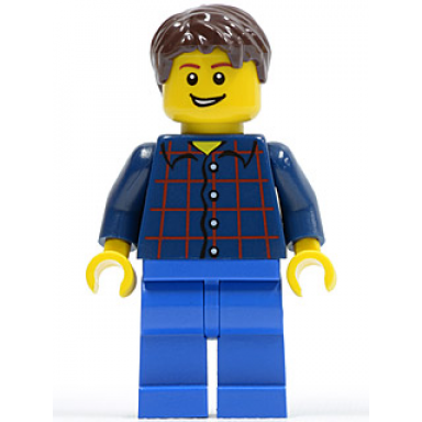 plaid button shirt blue legs dark brown short tousled hair lopsided grin with teeth