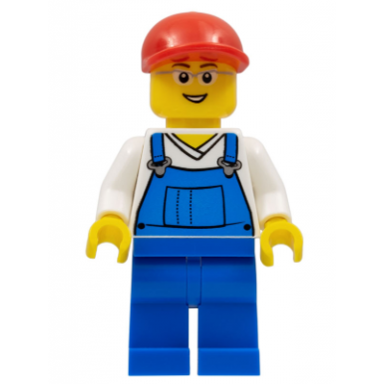 overalls blue over v-neck shirt blue legs red short bill cap glasses