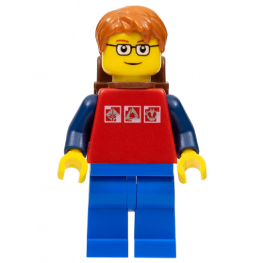 red shirt with 3 silver logos dark blue arms blue legs dark orange short tousled hair red eyebrows backpack