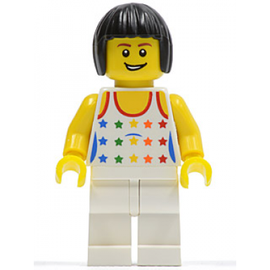 shirt with female rainbow stars pattern white legs black bob cut hair