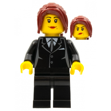 suit black dark red hair ponytail long female dual sided head