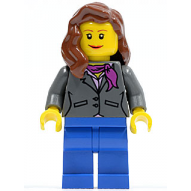 dark bluish gray jacket with magenta scarf blue legs reddish brown female hair over shoulder