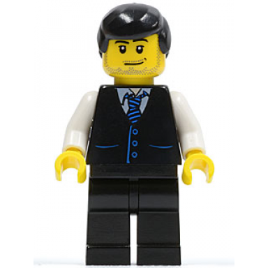 black vest with blue striped tie black legs white arms black male hair bus driver